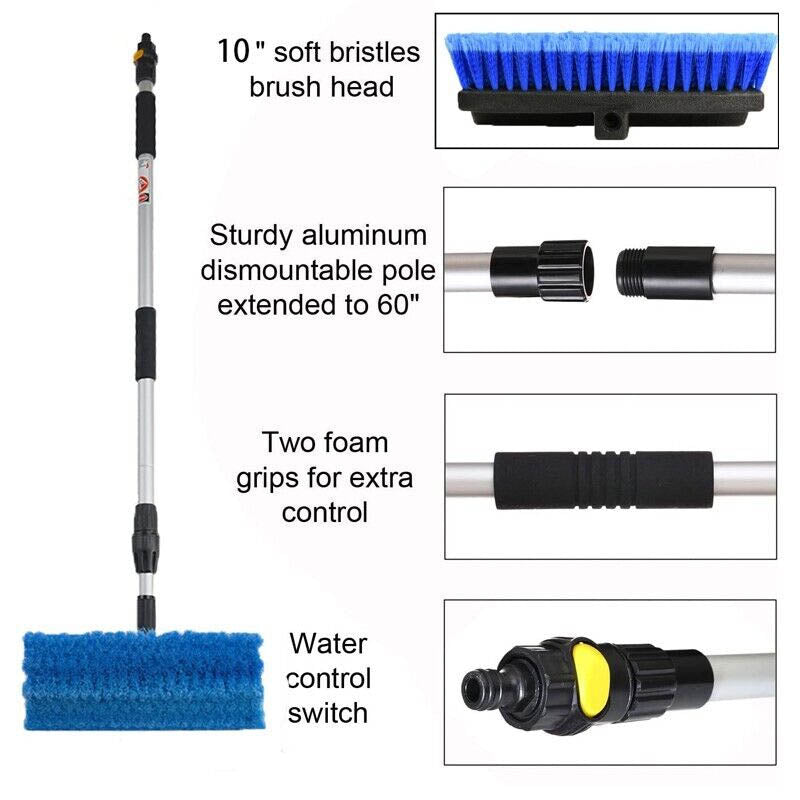 Telescopic Solar Panel Cleaning Brush With Water Switch-12 Ft