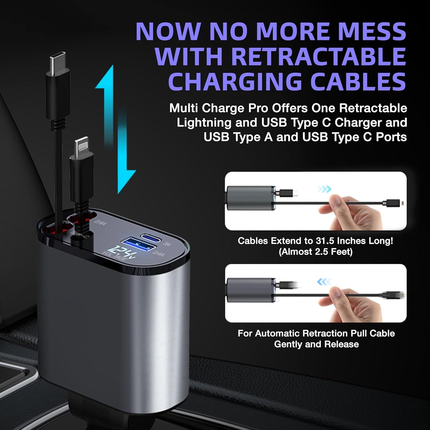 Pro 4 In 1 Cables Fast Charging Car Charger-Auto Adapter-800mm Length