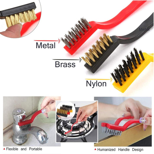 Mini Wire Detail Brush 3pc Set – Nylon, Brass, Stainless Steel – Metal Detail Brushes for Cleaning & Automotive