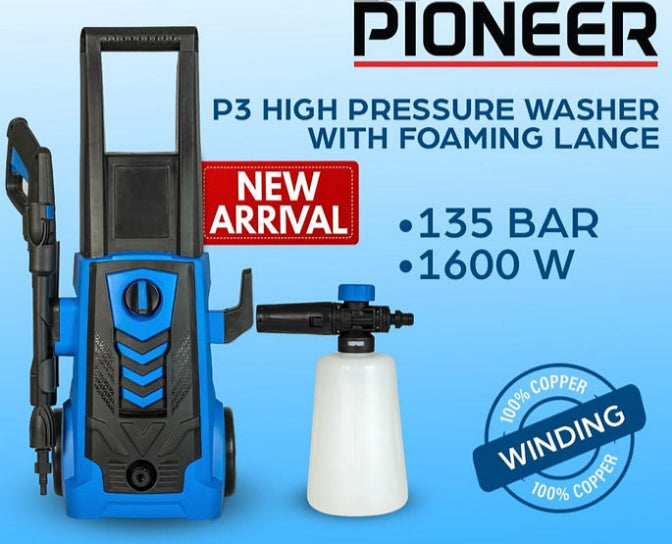PIONEER P3 135BAR HIGH PRESSURE WASHER - 1600WATTS - WITH FOAM LANCE - 100% COPPER WINDING