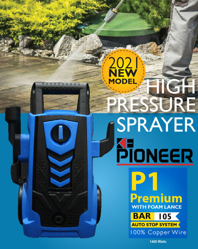 PIONEER P1 PREMIUM 105BAR HIGH PRESSURE WASHER WITH SNOW FOAM SHAMPOO - 1400WATTS - 100% COPPER WINDING - WITH FOAM LANCE