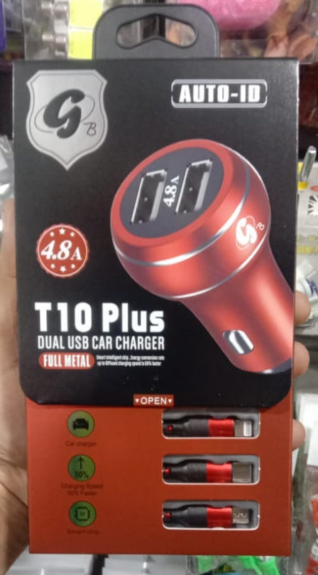 Imported T10 Plus Full metal Dual USB Charger with Data Cable (3 in 1)