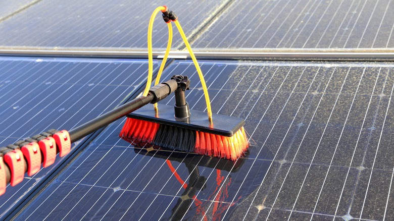 Solar Panel Cleaning Brush with Water System, 12 to 14 ft Adjustable Iron Rod