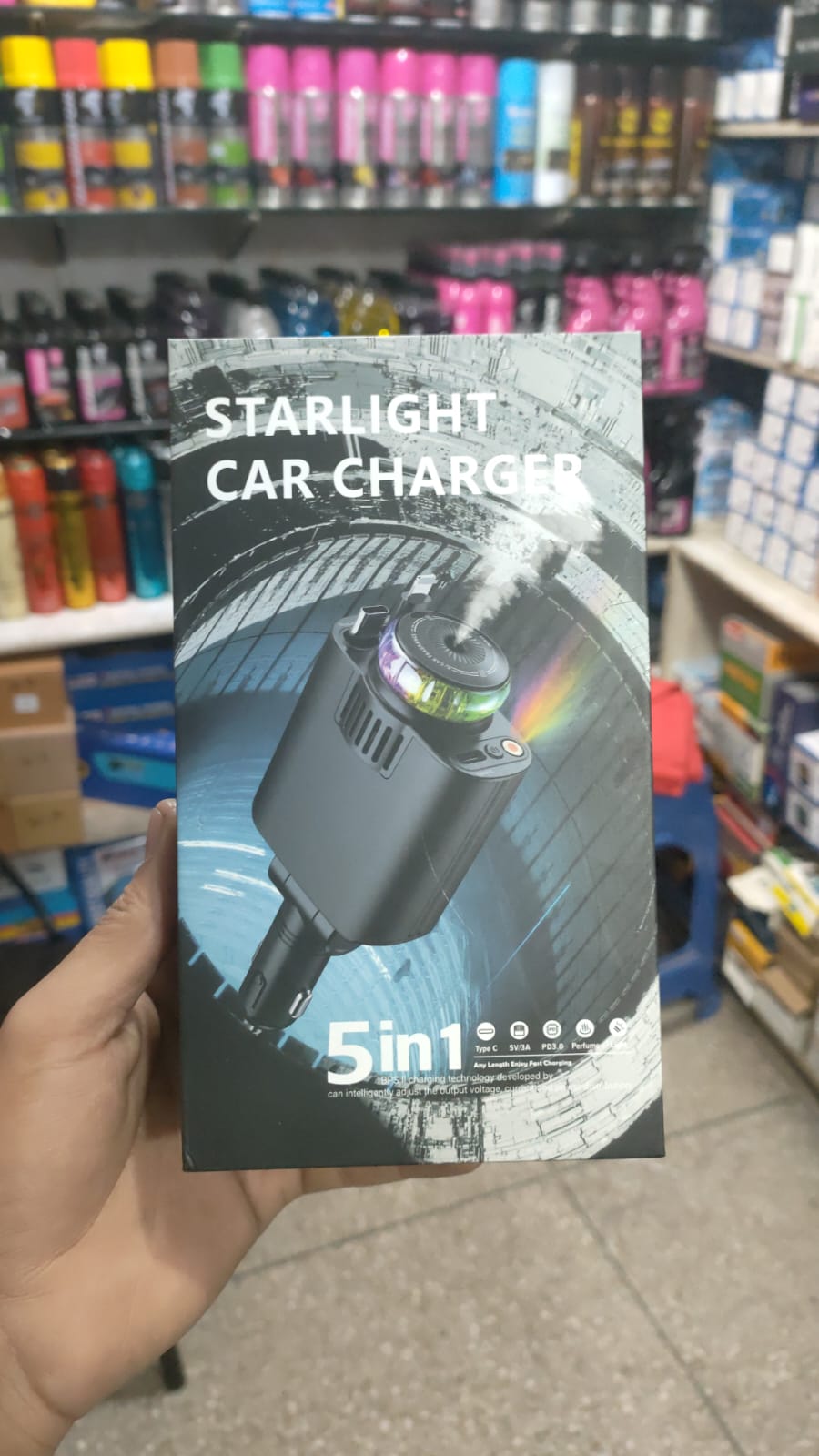 Retractable Car Charger with Aromatherapy and Starlight,5 in 1